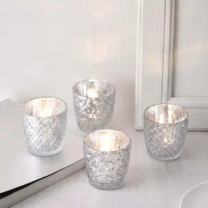 6-Pack Mercury Glass Votive Candle Holders 3" Metallic Silver with Assorted Geometric Designs - Tealight Holders