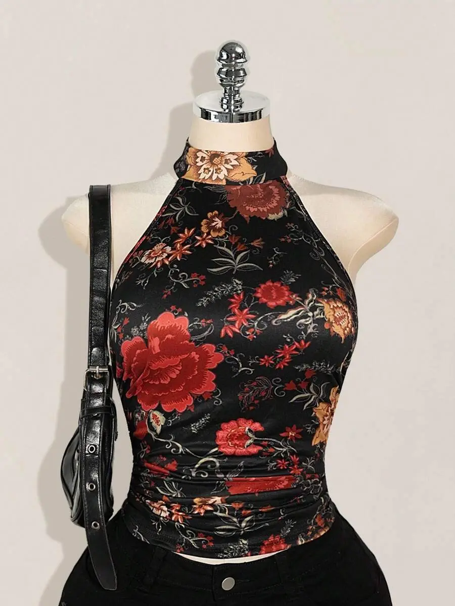 Women's Plus Size Halter Neck Backless Floral Print Tank Top for Country Concert Night Out