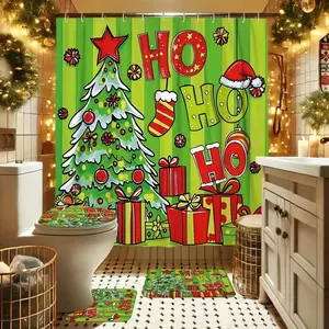 Christmas Theme Christmas Tree Design Shower Curtain Set, Non-Slip Mat, U-Shaped Rug, Toilet Lid Cover, Perfect for Bathroom Decor