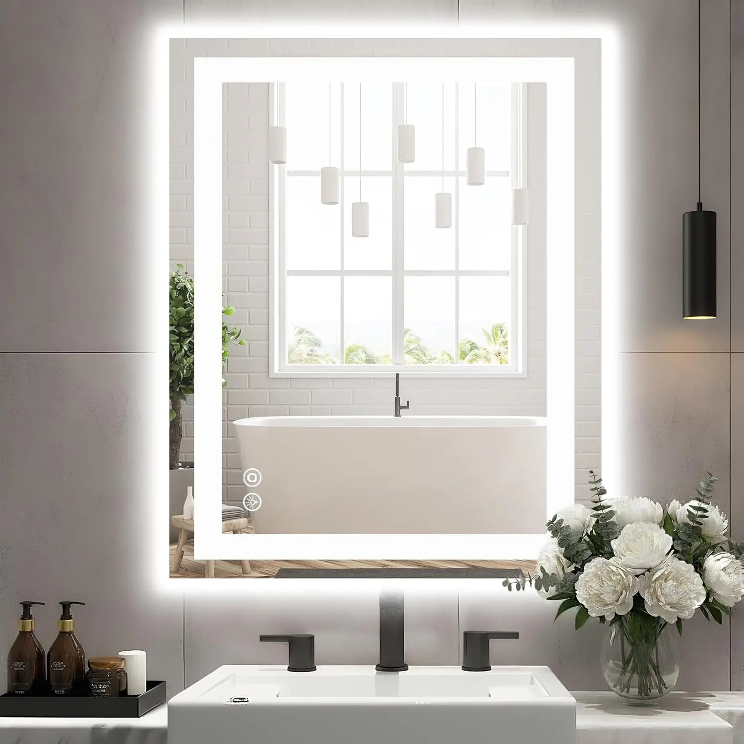 Wall-Mounted Rectangular LED Mirror – Anti-Fog, Dimmable, 3 Color Lights (Warm/Natural/Cool), Front & Backlit, 3 Sizes for Bathroom or Grooming White