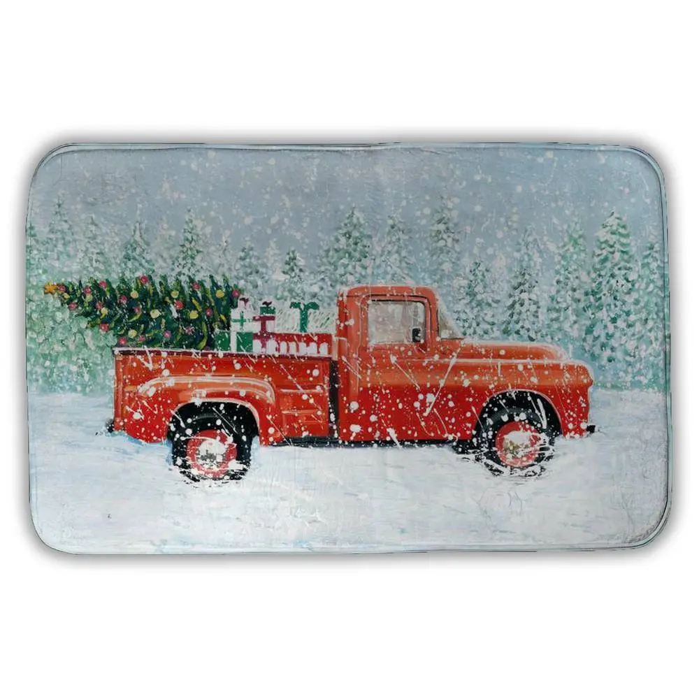 21x34 in Rectangle Christmas Tree Truck Print Bath Mat - 360 Stand, Cozy Rustic Farmhouse Home Supplies, Non-Slip Microfiber Foam, Easy to Clean for Bathroom Indoor Use Holiday Decor Gift