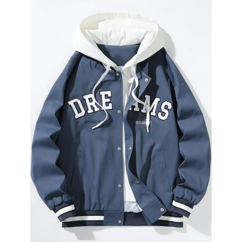 Men's Casual Hooded Varsity Jacket, Street Style Letter Print Jacket For School Menswear Sleeve