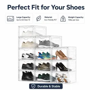 Stackable Clear Plastic Shoe Boxes, Magnetic Door Design - Shoe Rack & Storage Organizer