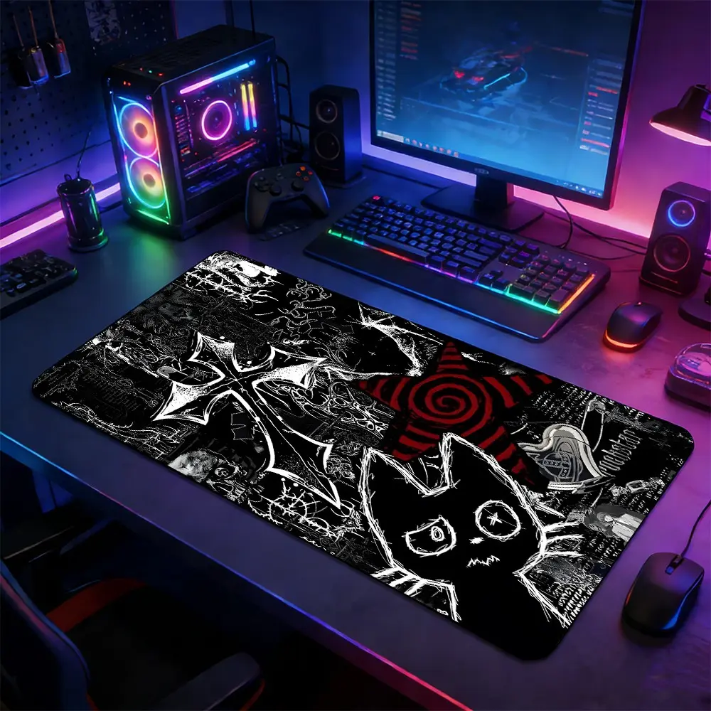 Goth Cat & Spiral Symbol Graffiti Large Gaming Mouse Pad, Non-Slip Rubber Base Stitched Lock Edge Desk Mat, Mouse Pads For Desk, Dark Alternative Art Design, Computer Accessory for Home Office & Gaming Setup, Gift for Gamers & Alt Art Fans