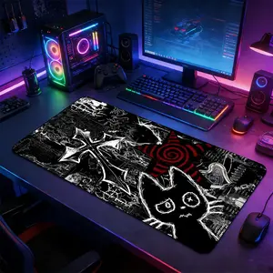 Goth Cat & Spiral Symbol Graffiti Large Gaming Mouse Pad, Non-Slip Rubber Base Stitched Lock Edge Desk Mat, Gaming Mousepad, Edgy Dark Alternative Art Design, Durable Computer Accessory for Home Office & Gaming Setup, Gift for Gamers & Alt Art Fans