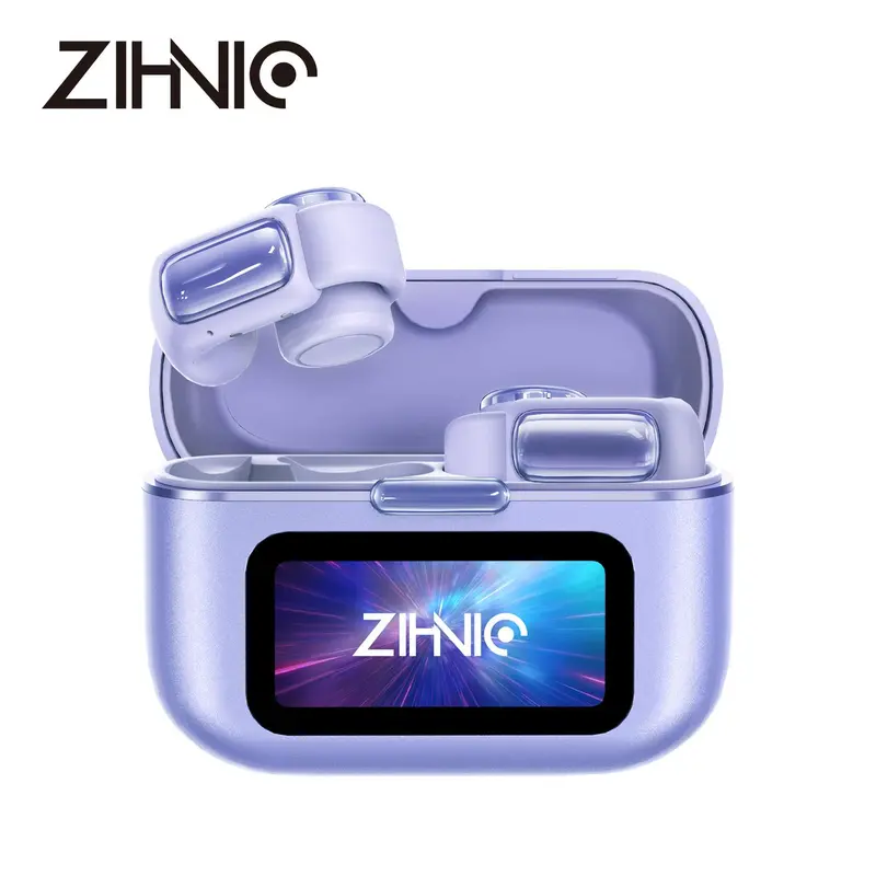 ZIHNIC S12 Open-Ear True Wireless Plastic Headset, Electronic Earbuds with LED Lights, Touchscreen, Built-in Mic, Power Digital Display, Stable Fit, Fast Charge, 36H Playtime, Fast Pair, Sweatproof Charging Case for Android/iOS, Work from Home Use