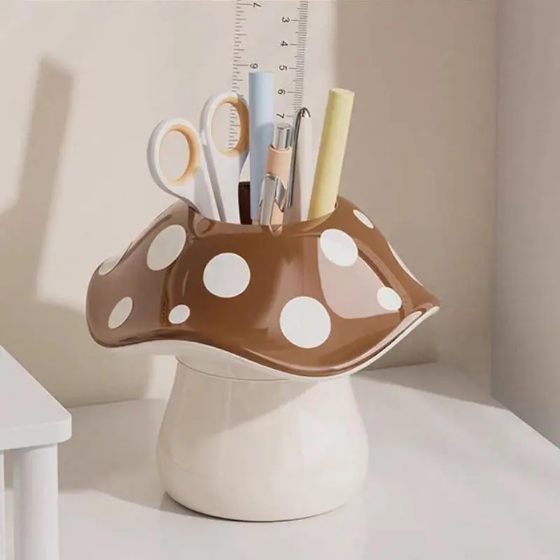 Cute Mushroom Pen Holder with Polka Dot Lid, Multifunctional Desk Organizer for Makeup Brushes Pens, Kawaii Desktop Storage Container for Kids Students Office Home Decor, Pencil Holder, Stationery Organizer, Desk Accessories, Desk Organizer Supply