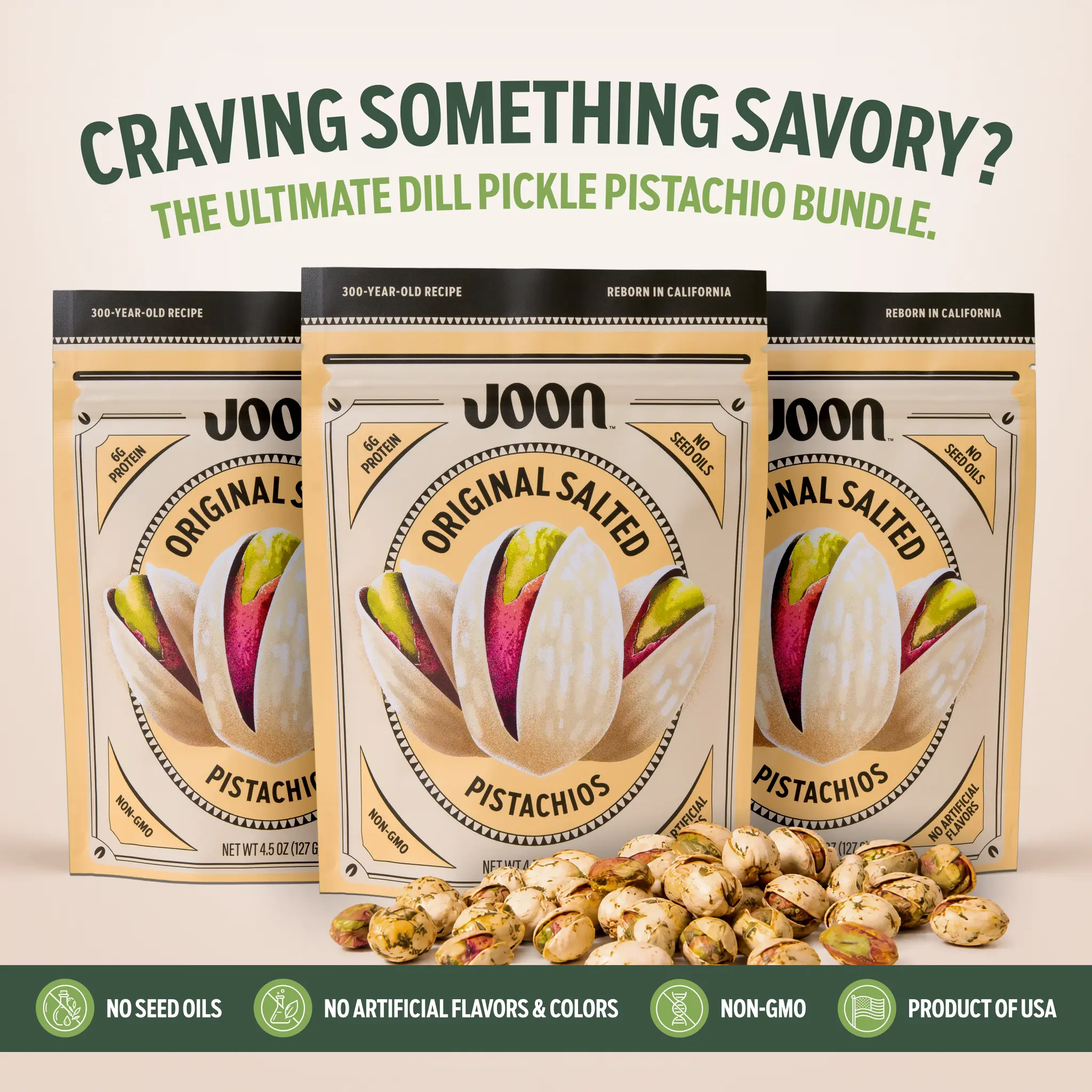 Joon Original Salted Pistachios In Shell 3-Pack, Gourmet California Pistachios, 4.5 oz Each, Protein Crunchy Snack, No Seed Oils, No Artificial Flavors