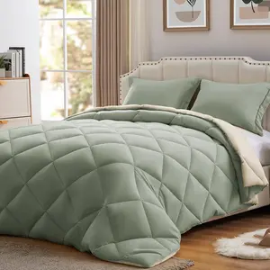 Queen Comforter Set Sage&Beige,3 Pieces Lightweight Comforters Queen Size Reversible Bedding Comforters Sets,Down Alternative Comforter Bed Set Quilt Blank