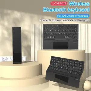 Battop Bluetooth-compatible Keyboard, Mini Wireless Foldable Rechargeable, Leather Stand Touchpad, Android iOS Windows, Travel Office Use