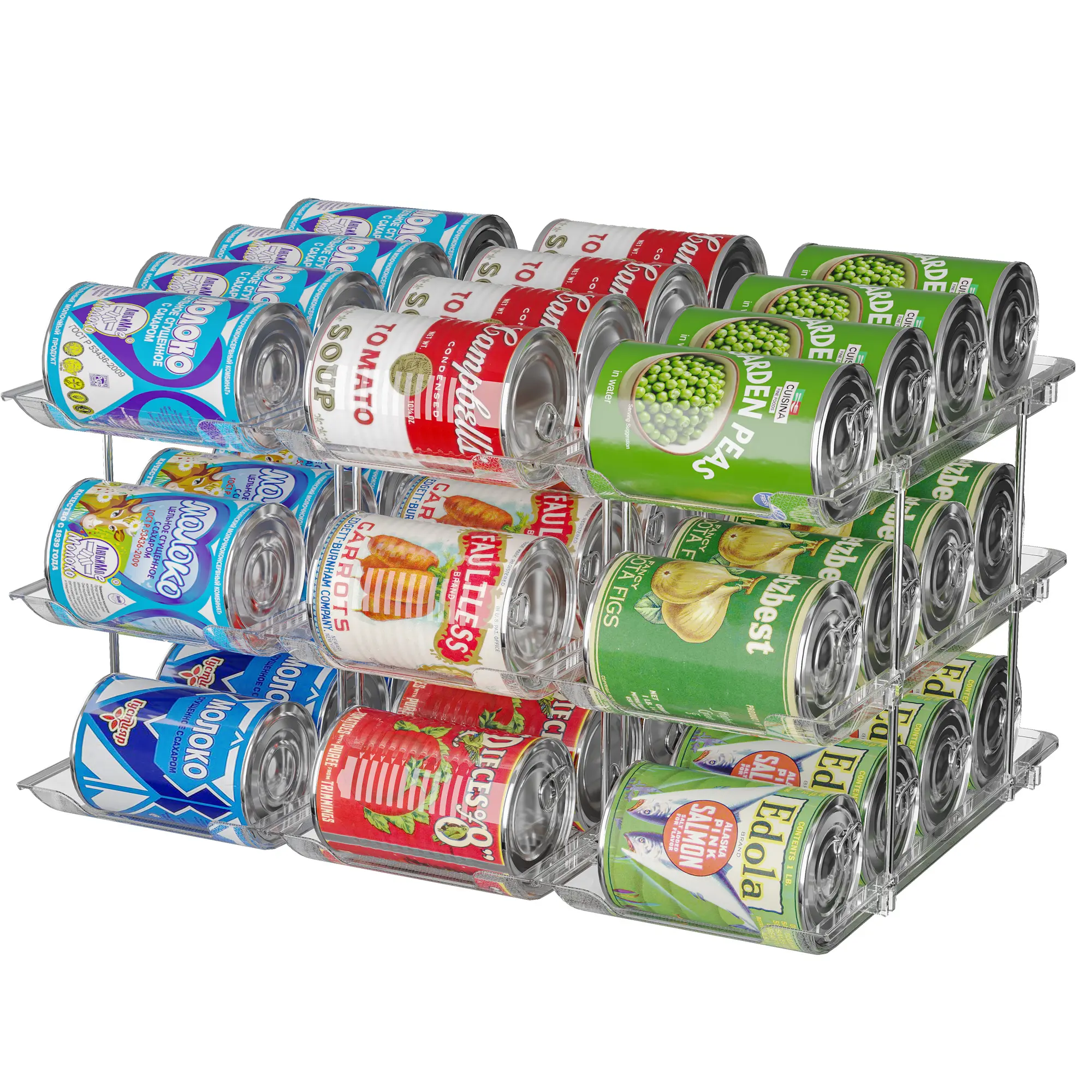 Stackable 3-Tier Can Organizer for Pantry & Fridge – Clear Auto-Rolling Rack Holds 36 Cans | Space-Saving Storage for Soda & Canned Food (3 Interlocking Sets)