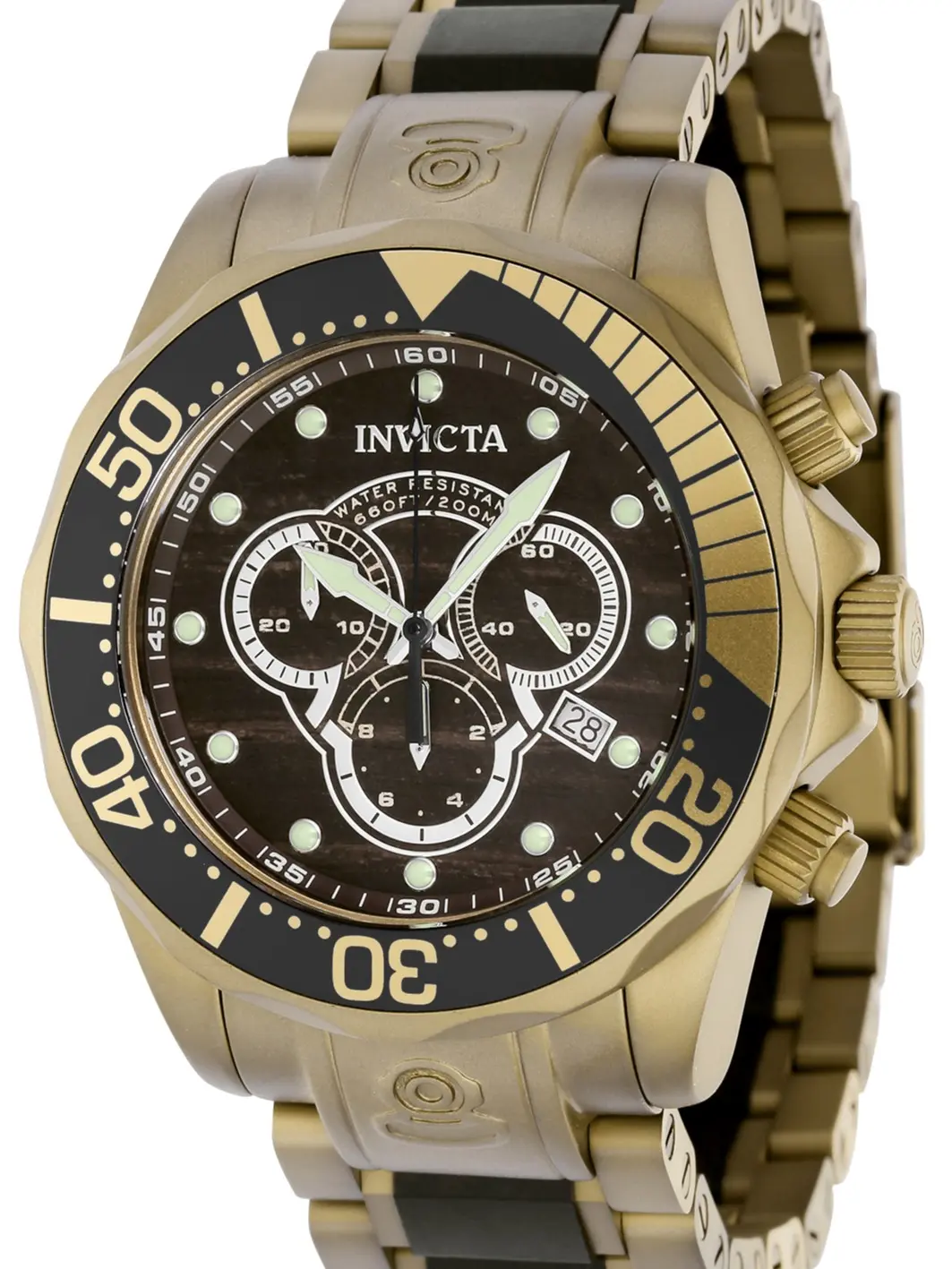 RARE Discontinued Invicta Men's 47mm Chronograph Watch Military Fatigue Camo Dial Stainless Steel Case Grey Bezel Swiss Ronda Z60 Movement Khaki Steel Bracelet Screw Down Crown Flame Fusion 200m Dive Water Resistant Vault Piece