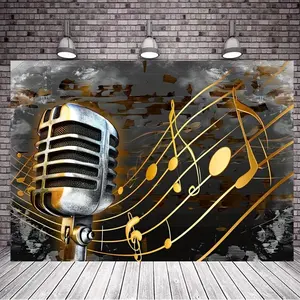 Vintage Microphone & Music Note Pattern Backdrop, 1 Count Retro Style Music Background Banner, Wall Decoration for Music Party, Indoor & Outdoor Decoration, Ornaments, Party Decorations Banners