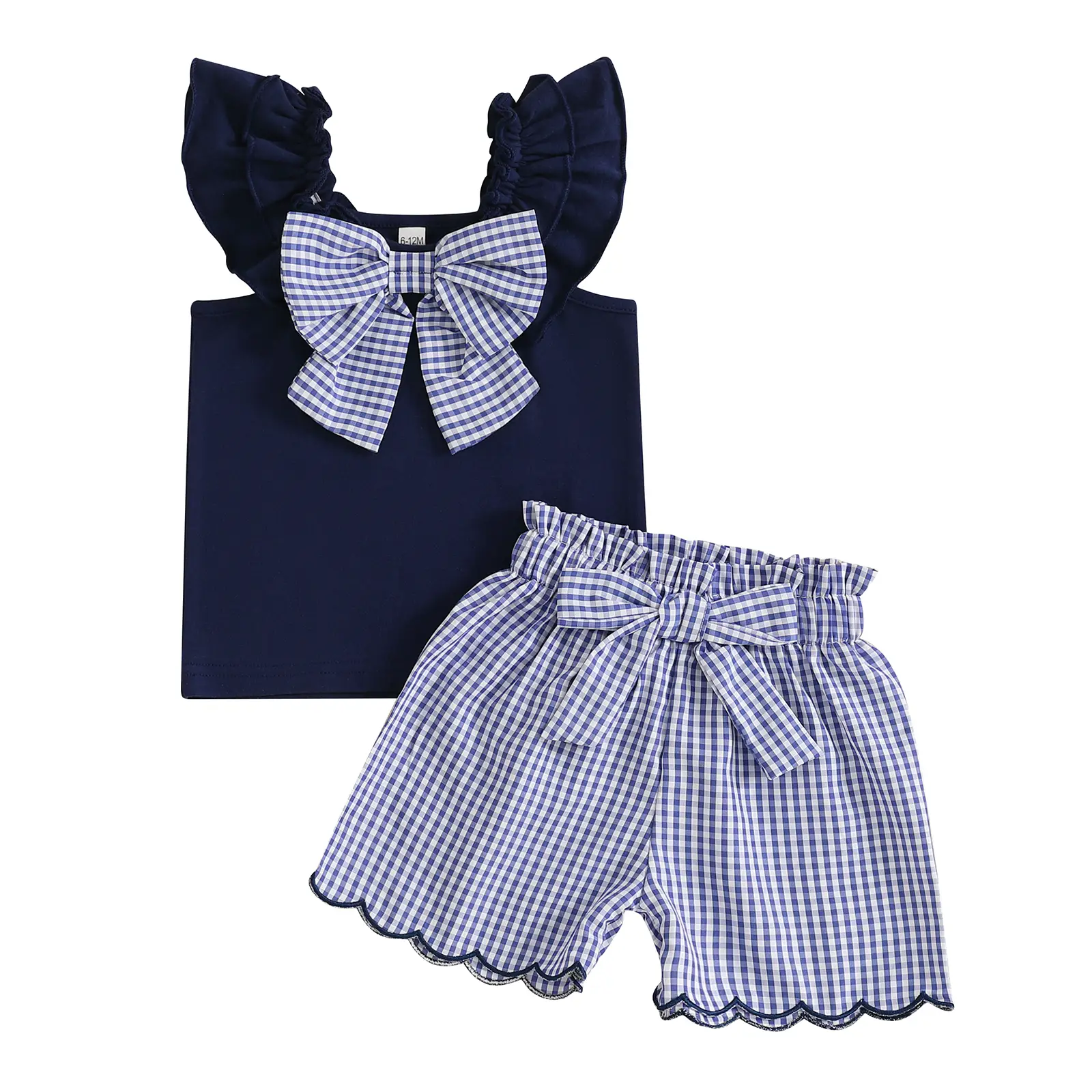 Toddler Girl Summer Clothes Sleeveless Ruffled Tank Tops + Bow Decor Plaid Print Shorts 2 Pcs Set