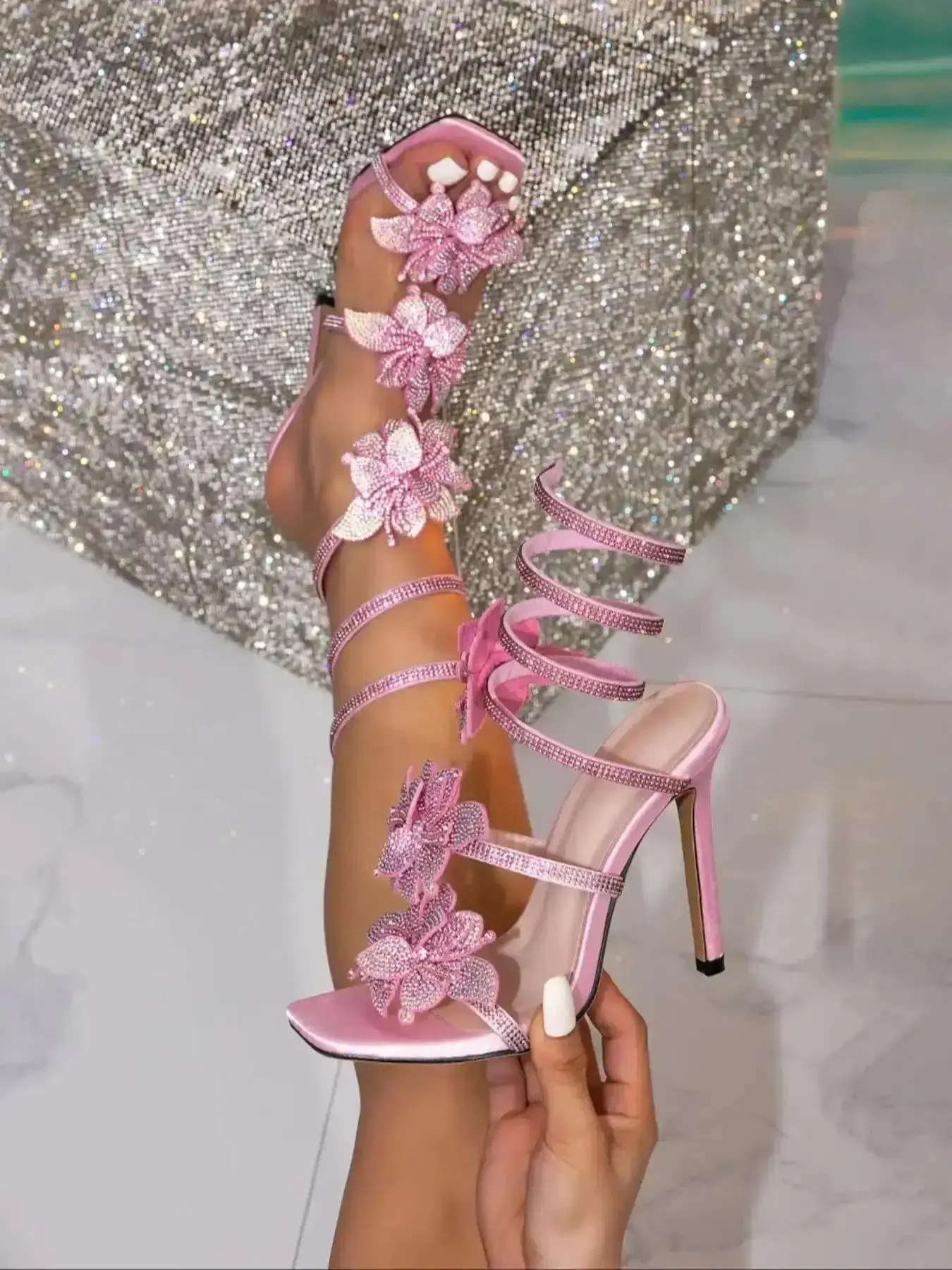Elegant Snake-Wrapped Open Toe Rhinestone Bow Stiletto High Heel Glitter Decorated Sandals Sexy Thin Strap Women's Shoes Party European and American Style Footwear women versatile stylish chic trendy classy essential