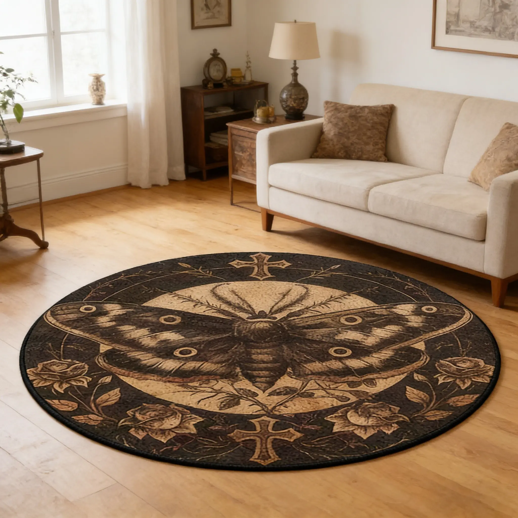 Cross Rose Moth Rug, Round Vintage Gothic Moonlight Moth Rose Rug, Soft Comfortable Circular Rug, Hand Wash Only, Home Decor, Home Decorative Rugs, Decorative Area Rug