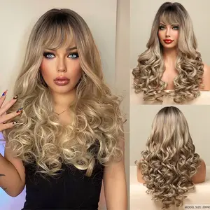 WOOLOOK Spring/Summer Elegant Gradient Blonde Wavy Curly Medium Length Hair Wig With Bangs, 20 Inch Long Loose Wave Hair Comfortable And Breathable High-Quality Synthetic Wig, Women'S Daily, Party, Birthday, Travel, Halloween, Cosplay Wearing