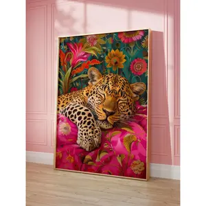 A Bold Pink Dopamine Bedroom Poster of a Sleeping Leopard in Maximalist Oil Painting Style, Featuring Kitsch Animal and Floral Motifs, Designed as Printable and Unframed Wall Art (Note: No frame included).
