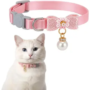 Breakaway Adjustable Pink Cat Collar with Pearl Pendant Bowtie Safety Buckle Cute Kitten Collars for Girl Cats
