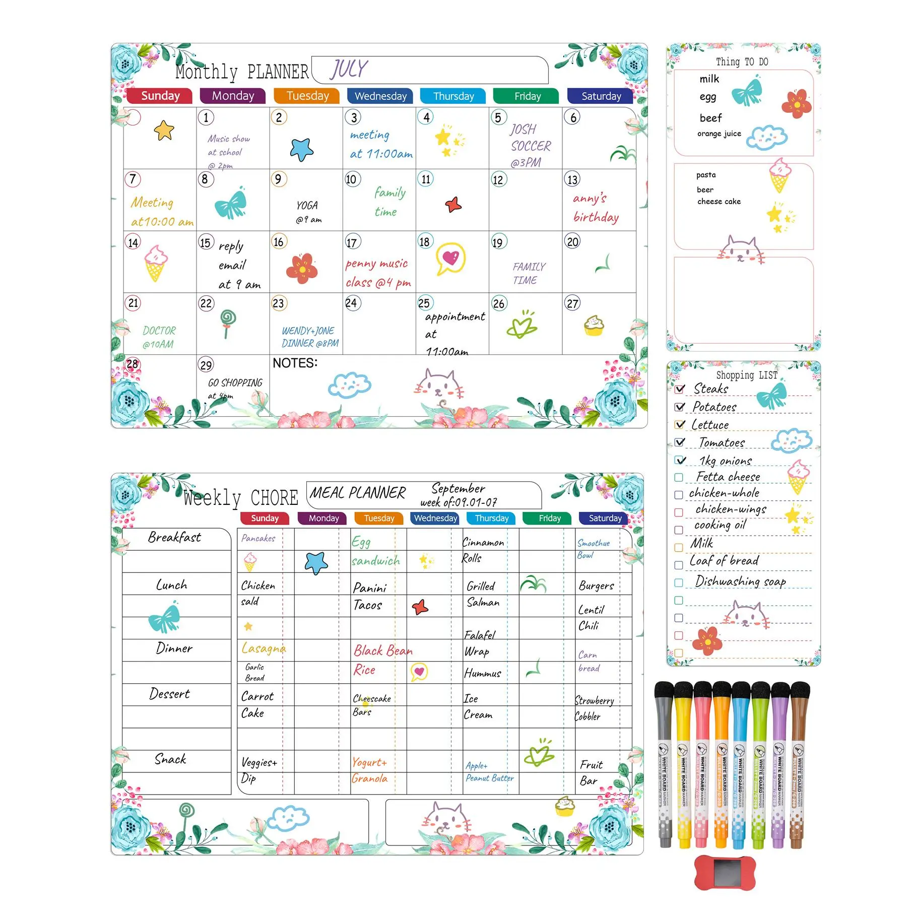 4-Pack Magnetic Dry Erase Calendar Whiteboard Set, Erasable Calendar, Includes Monthly & Weekly Planners and Notes Board, 8 Markers and 1 Eraser, for Fridge Home Office