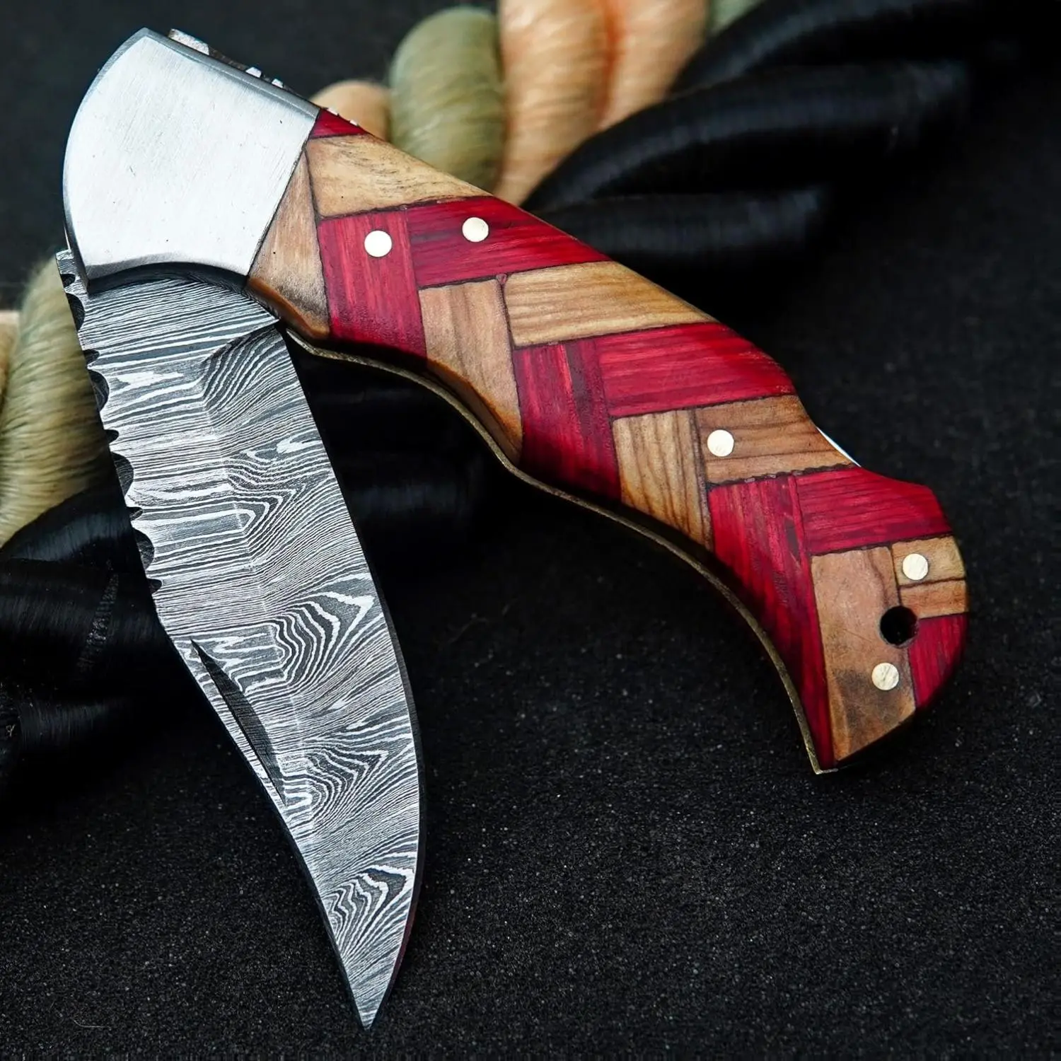 Damascus Pocket Folding Knife | Camping Knife | Gift for him groomsman Anniversary Birthday gift (Brown & Red)