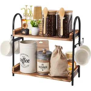 2-Tier Coffee Bar Organizer with 4 Coffee Cup Holder Hooks, Multifunctional Wooden Beaded Coffee Station Countertop Stand Shelf Coffee Bar Accessories for Kitchen Home Office