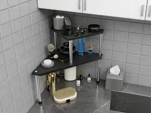 2-tier black counter shelf, multi-use over-sink organizer for bathroom toiletries and makeup. Also works as kitchen spice rack and coffee station storage.