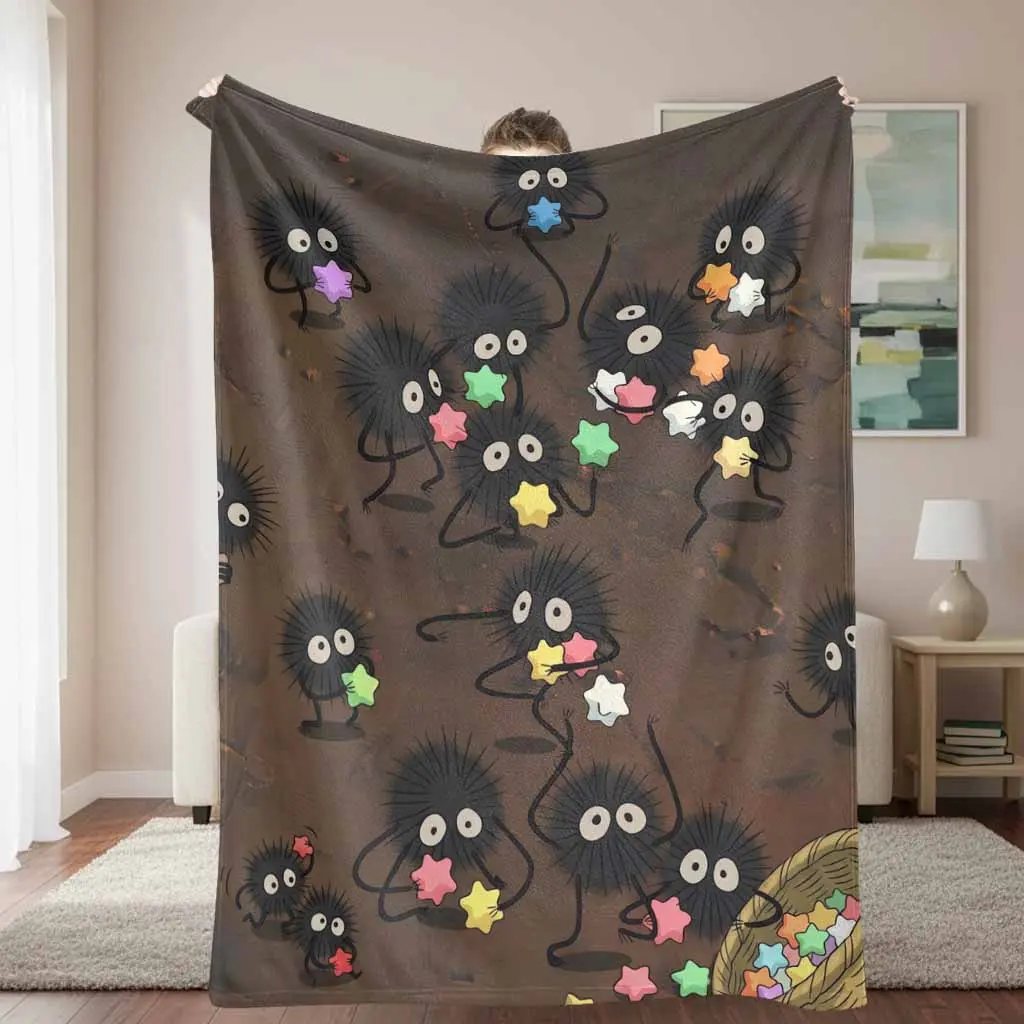 Cute Soot Sprite Flannel Throw Blanket, Cartoon Star Candy Print, Soft Warm Lightweight Cozy Plush, Candy-Themed Cartoon Cute Decorative Blanket for Bedroom, Sofa, Gift, Candy-Themed Blankets, Cartoon Blankets