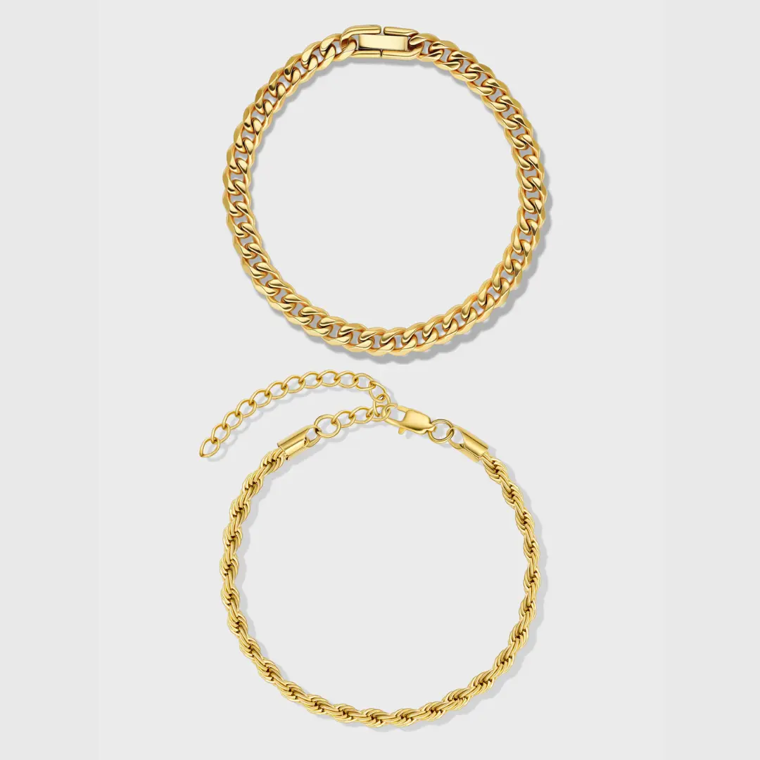 IMPERIUM JEWELRY 14 Karat Gold Plated Stackable Cuban Link Bracelet Set - 2-Size Elegant Bracelets for Fashion Costume Accessories, Elegant Jewelry Bracelet, Stackable Bracelet