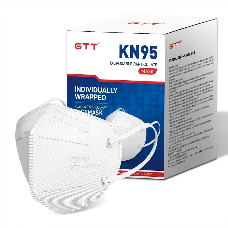 GTT KN95 Safety Masks, 50pcs/1 Pack Non-Woven Disposable Protection Masks for Adults, 4-Layer 95% High Filtration, Breathable Comfortable White Individually Wrapped Home Care Dust Covers