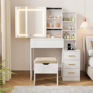 Vanity Desk with Mirror and Lights, Vanity Table and Chair Set with 4 Drawers and Charging Station, Dresser LED Sliding Mirror with 3 Color Modes Adjustable Storage Shelves, White