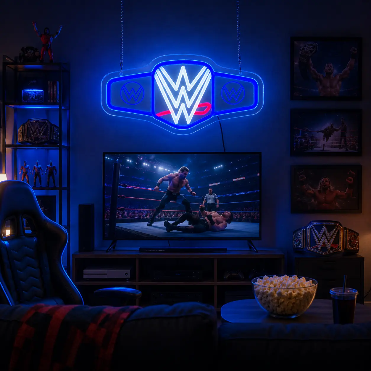 Championship Wrestling Belt LED Neon Sign - USB-Powered Blue & White Dimmable Indoor Wall Light, Adjustable Acrylic Backboard, Lightweight Bold Arena Energy Decor, 13.8 x 8.3 in Wrestling Fan Gift