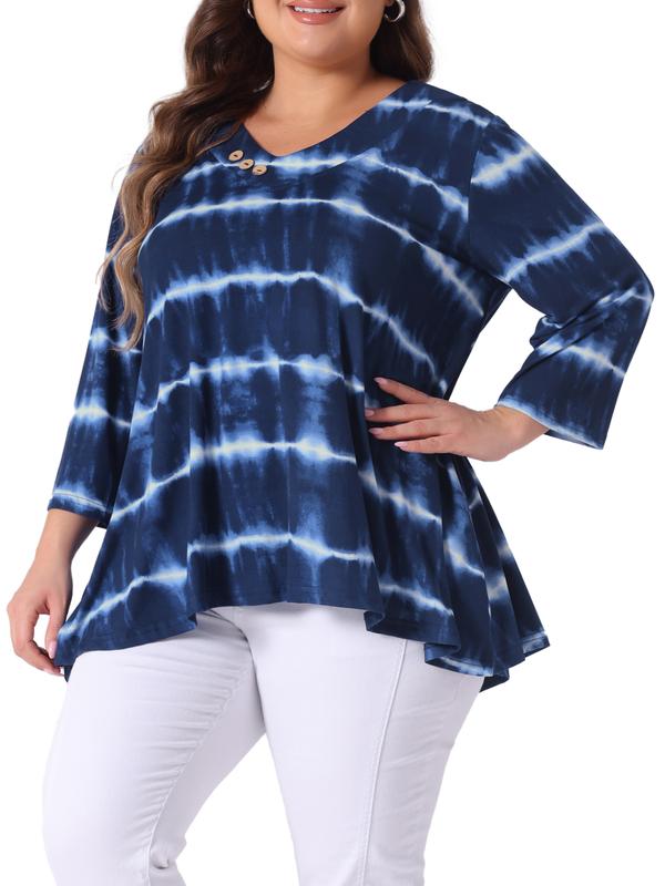 Agnes Orinda V Neck Plus Size Tops for Women Elbow 3/4 Sleeve Loose Fit Casual Blouse Tee Top Tie Dye T Shirts Trendy Blue White