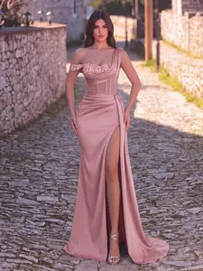 Women's Romantic Asymmetric Neckline Long Slit Party Dress, Featuring Contrast Sequin And Ruched Bust Design Elegant Wedding