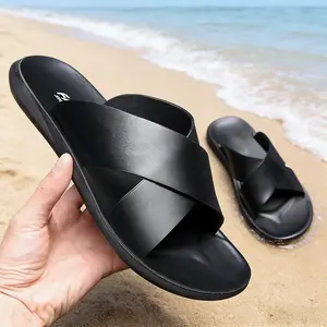 Men's Black PU Leather Slide Sandals - Comfortable Minimalist Design for Summer Outings & Casual Walks US Sizes 6.5-13 - Boy, Walking Shoes Footwear Soft Dance Nail Parent