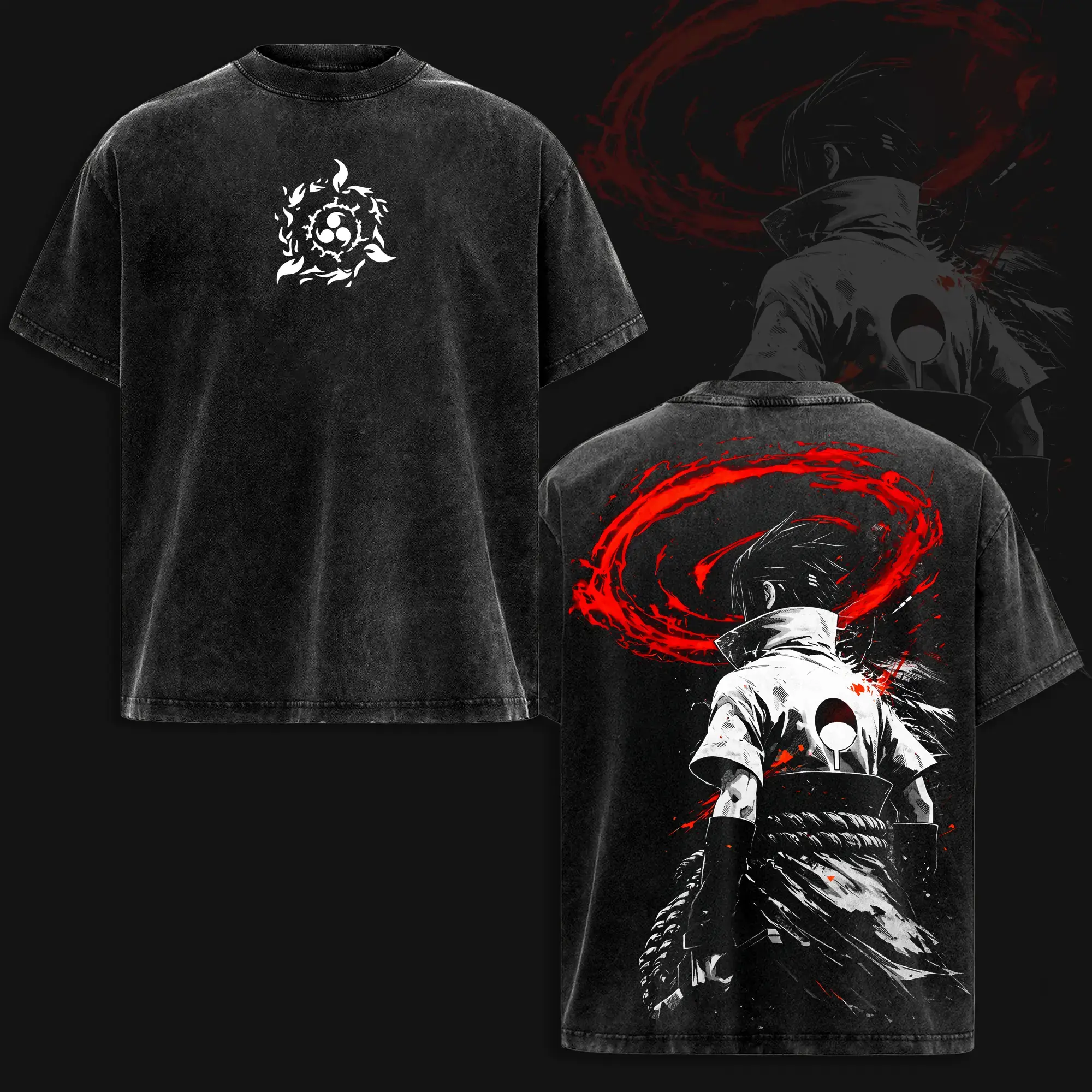 Menswear Sasuke Uchiha NRT Graphic T-Shirt - Vintage Washed, Sharingan & Rinnegan Design, Cotton, Unisex Streetwear Short-Sleeve Top, Limited Edition Custom Print Fan Gift, Shortsleeve, Tshirt, Round Neck, Anime Style, Washed T-Shirt, S