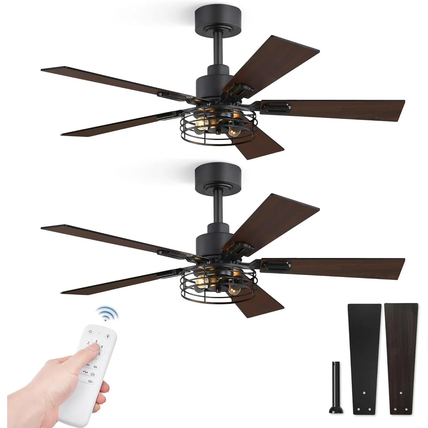 2 Pack Farmhouse 42 Inch Ceiling Fans with Lights, Black Industrial Caged Ceiling Fans for Bedroom Living Room, Double-Sided 5  Rustic Ceiling Fan