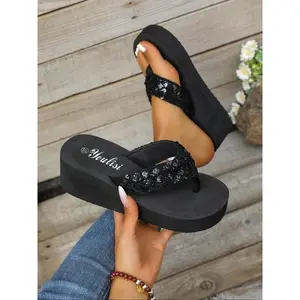 Sparkling Sequins Women's Large Size Toe Thong Higher Platform Sandals, Summer Outdoor Casual Wedge Slippers, Elevating Thick Sole(Sheets)