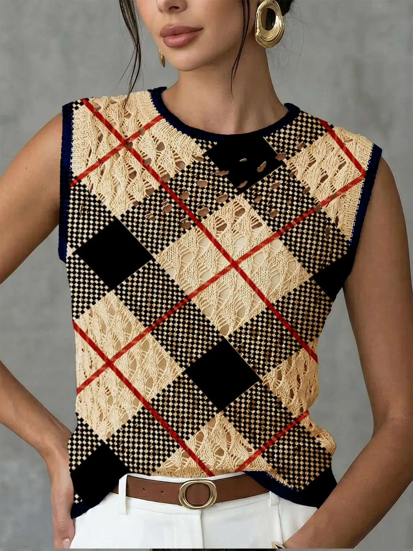 Women's Vintage Colorblock Plaid Print Round Neck Knit Vest, Knitted Vest Top, Sleeveless Vests, Casual Sleeveless Knit Top, Breathable Summer Clothing, Hollow Out Design, Womenswear