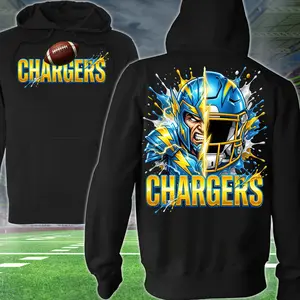Power Chargers Thunder Football 2 Sided Hoodie, Football Player Sweatshirt, Sports Apparel, Yellow & Navy Helmet Pullover Classic T-shirt, Graphic Printed Streetwear Top, 100% Classic Cotton, Gift For Fans