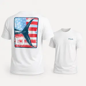 HUK Fishing T-Shirt, White Patriotic USA Flag Marlin Tail Graphic Tee, Front Back Print Angler Shirt, Outdoor Fishing Gift for Men