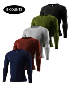 Men's Solid Long Sleeve Sports Tee, Quick Drying Breathable Compression T-shirt, Tight-fitting Sports Top for Running Gym Workout, Quick Dry Activewear, Athletic Shirt