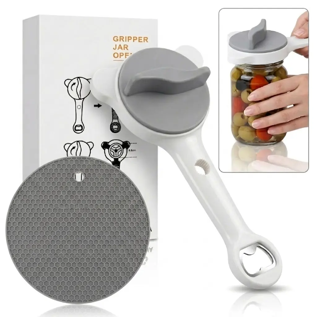 4-in-1 Adjustable Gripping Aid Opener with Locking Mechanism - Ergonomic Kitchen Utensil for Weak Hands, Seniors - Non-Slip Pad, Dishwasher Safe, Kid-Friendly, Fits Large Pickle Jars, Soda, Wine, Kids, Daily Use