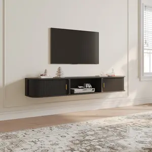 78.74" Mid-Century Modern Floating TV Stand with Sliding Tambour Doors, Black Wall-Mounted Media Console for Living Rooms, Open Storage, Plywood, Fully-Assembled, Perfect for 75-inch TVs