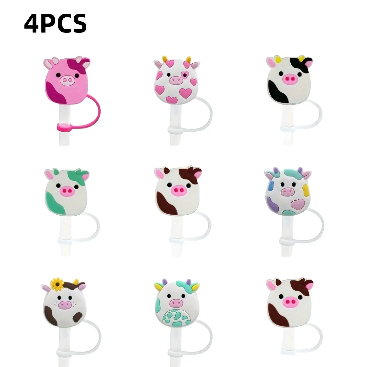 Random Color Cartoon Animal Pattern Straw Cover, 4pcs Silicone Straw Tip Covers, Reusable Straw Cap, Drinkware Accessories, Drinking Supplies Accessor