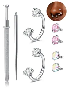 18 Gauge 8mm Gold Surgical Steel Horseshoe Nose Ring, Double Gem Stud U Shape Hoop, Septum Tragus Helix Lip Ear Piercing Jewelry Kit for Women