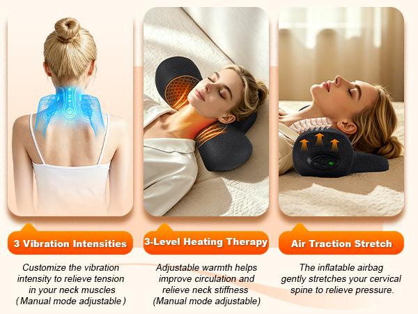 3-in-1 Multi-Function Rechargeable Remote-Controlled Heated Memory Foam Neck Traction Pillow - 2500mAh, Vibration Massage, Airbag Traction for Pain Relief, Travel Comfort, Neck Support (Personal Care Massage Device)
