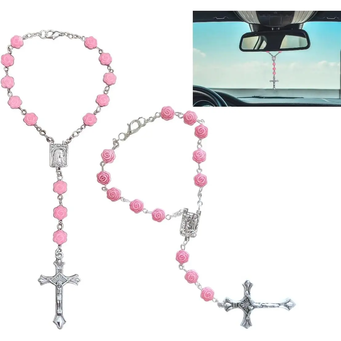Women's Catholic Pearl Religious Car Rosary Cross - 2Pcs Girly Car Accessories, Rearview Mirror Decoration for Birthday, Mother's Day Gifts