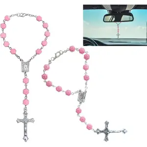 Car Decor for Women Rearview Mirror Cross - Catholic Car Rosary & Cute Accessories for Women(2Pcs)