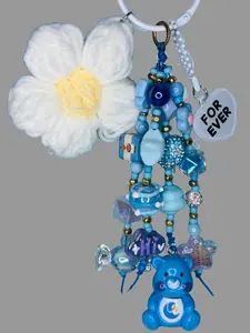 Cute Blue Bear, White Flower Pompom and Forever Heart Luggage Charm, Bag Accessory